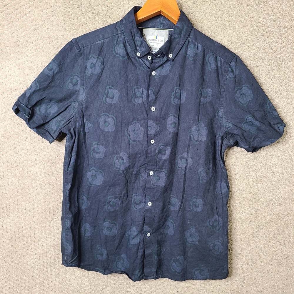 Larsson & Co Shirt Mens Medium Navy Floral Button Down Linen Blend Short Sleeve